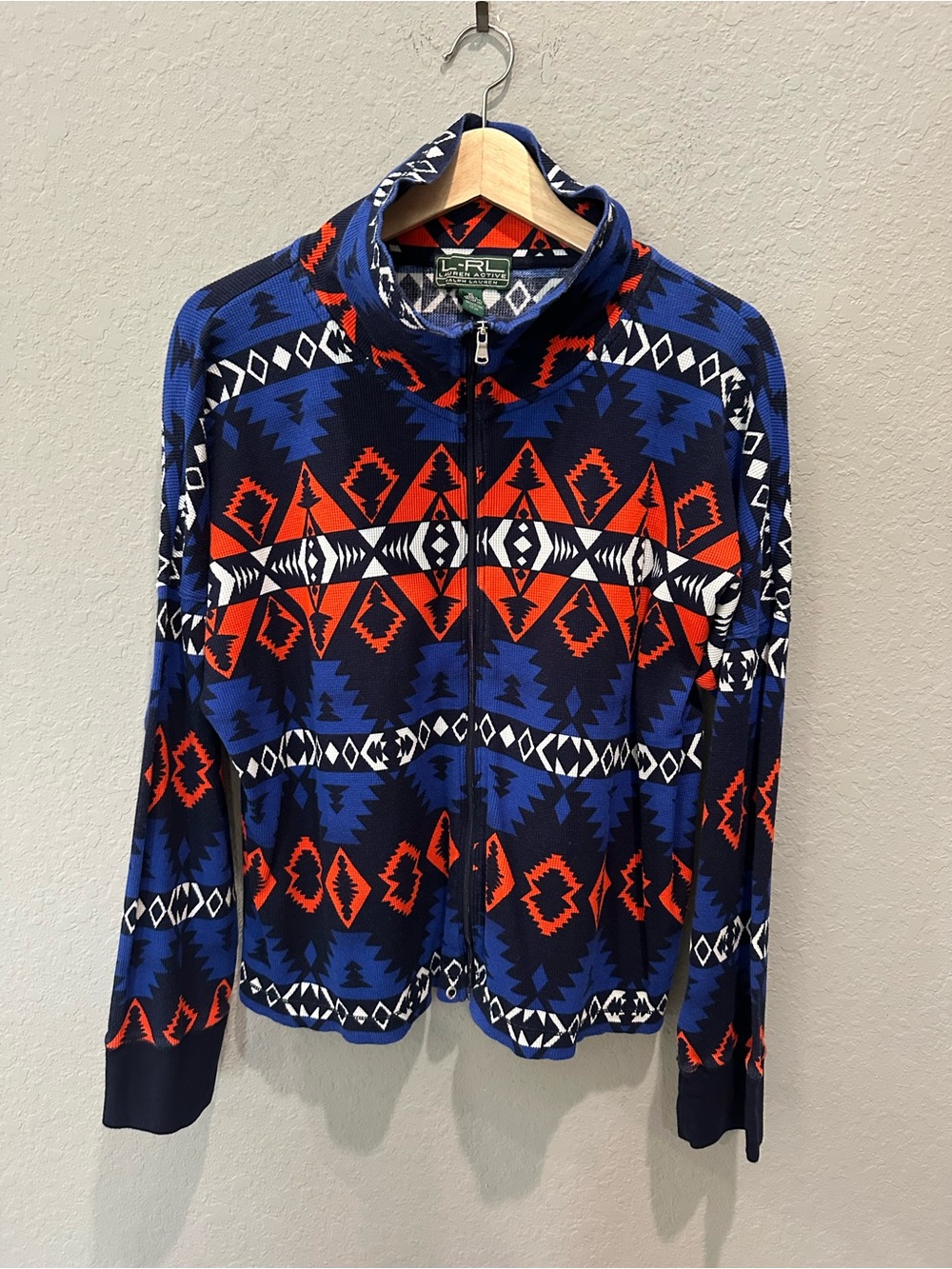 L-RL Active Lauren Ralph Lauren waffle knit Aztec zip up cardigan jacket Sz XL
